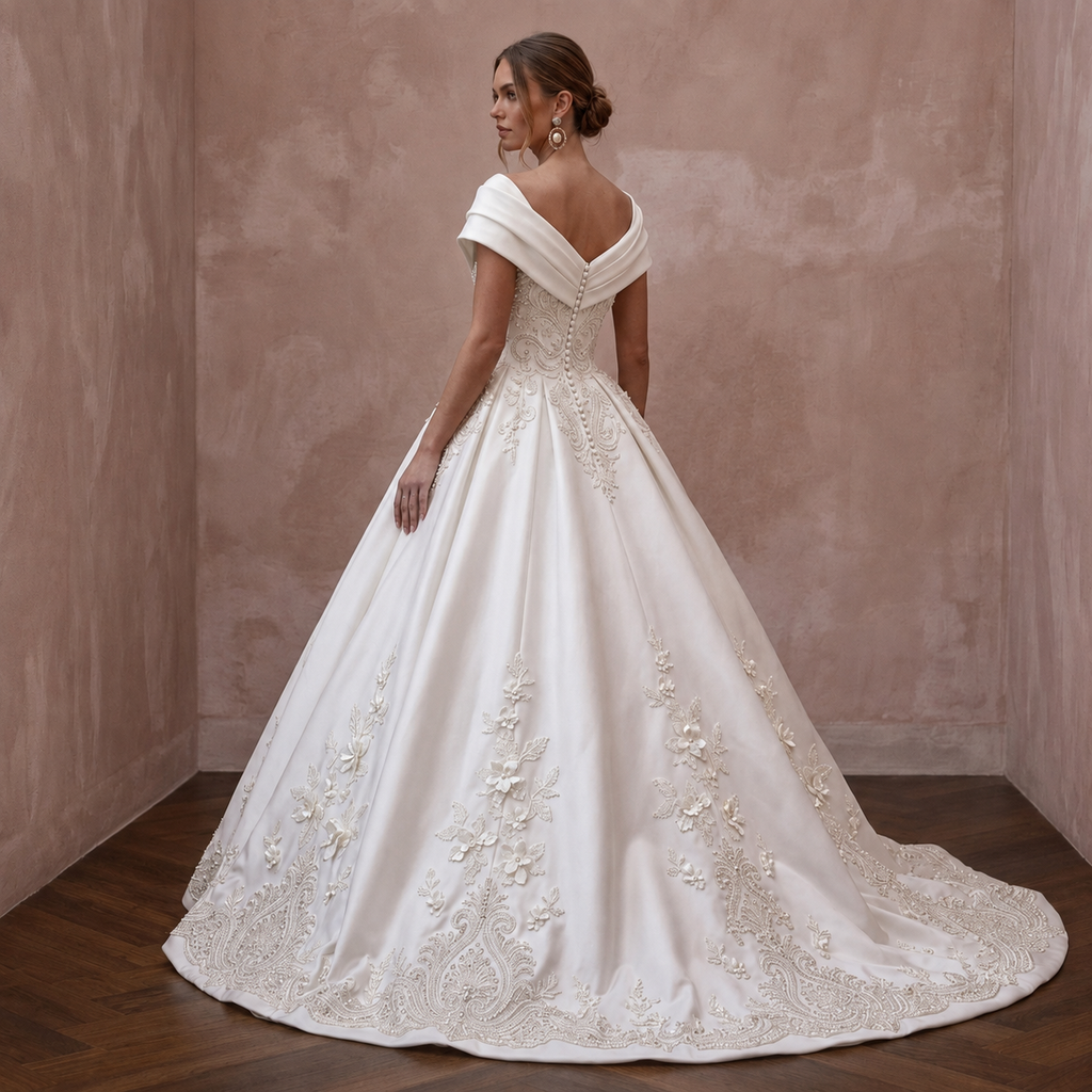 Regal Ivory Duchess Satin Ball Gown Wedding Dress for Anniversary Photoshoot