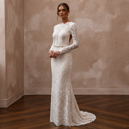 Regal Ivory Lace Sheath for Second Marriage Ceremony