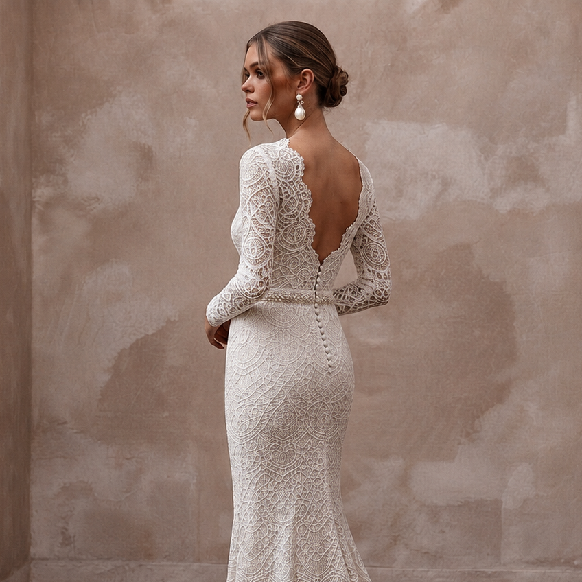 Regal Ivory Lace Sheath for Second Marriage Ceremony