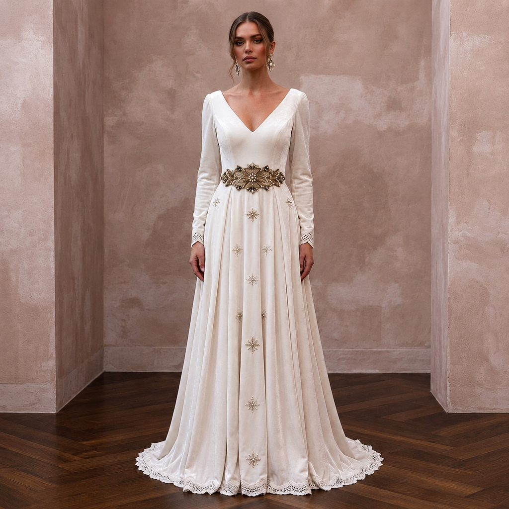 Regal Ivory Velvet A-Line Wedding Dress for Winter Engagement Party