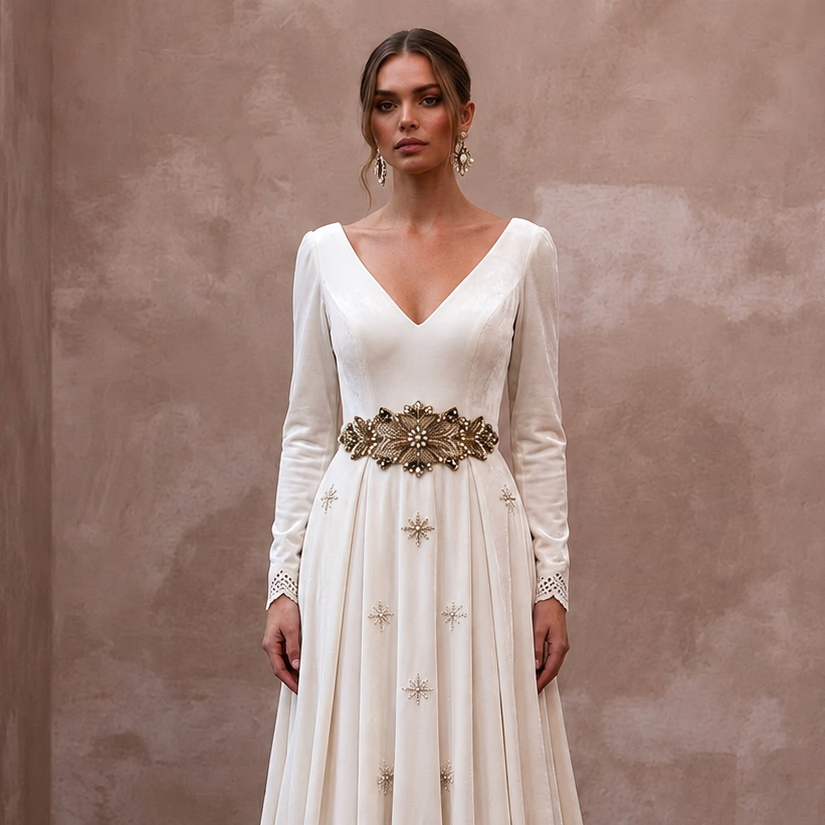Regal Ivory Velvet A - Line Wedding Dress for Winter Engagement Party - Apparel & Accessories > Clothing > Wedding & Bridal Party Dresses > Wedding Dresses - Mignonette Bridal