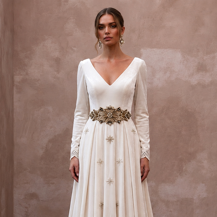 Regal Ivory Velvet A-Line Wedding Dress for Winter Engagement Party