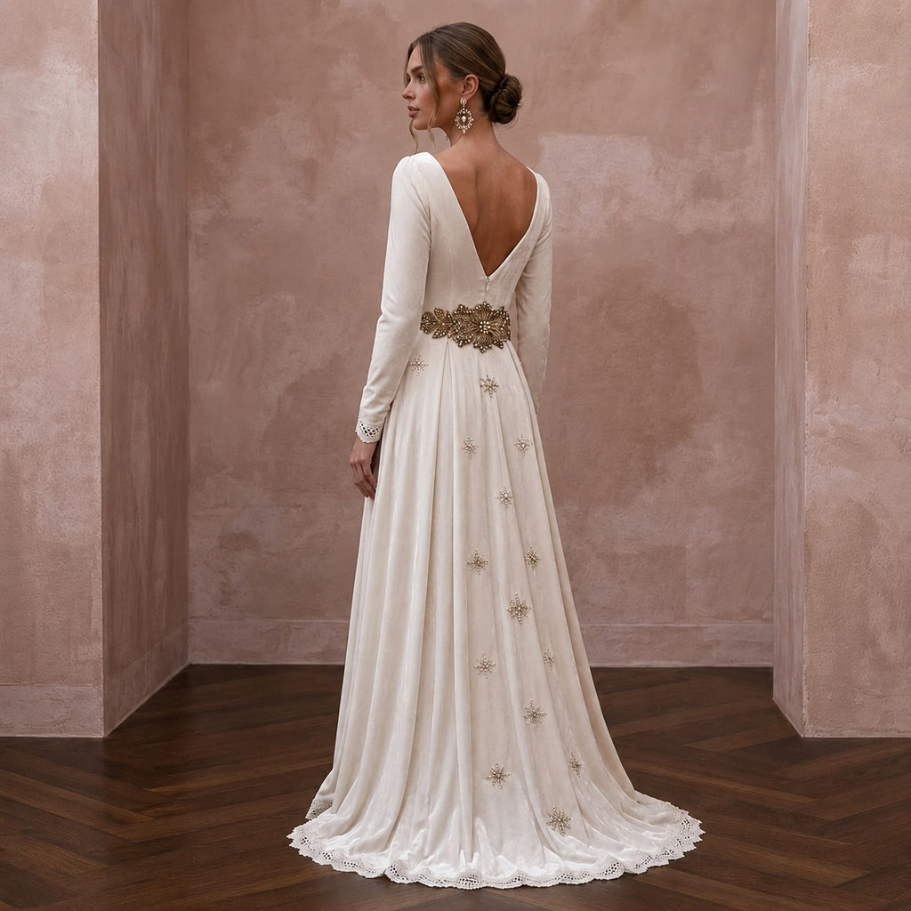 Regal Ivory Velvet A - Line Wedding Dress for Winter Engagement Party - Apparel & Accessories > Clothing > Wedding & Bridal Party Dresses > Wedding Dresses - Mignonette Bridal