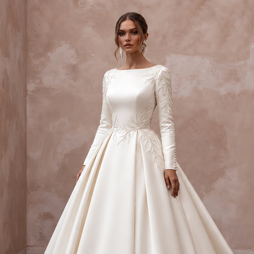 Regal Off-White Satin Long Sleeve Ball Gown Bridal Dress for Anniversary