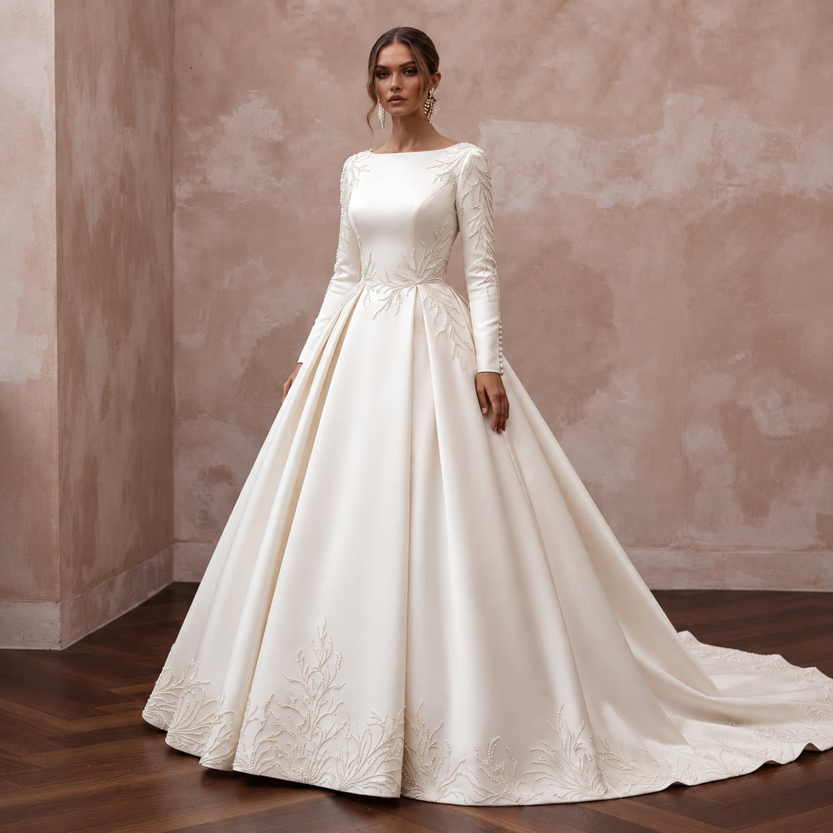 Regal Off - White Satin Long Sleeve Ball Gown Bridal Dress for Anniversary - Apparel & Accessories > Clothing > Wedding & Bridal Party Dresses > Wedding Dresses - Mignonette Bridal Main image