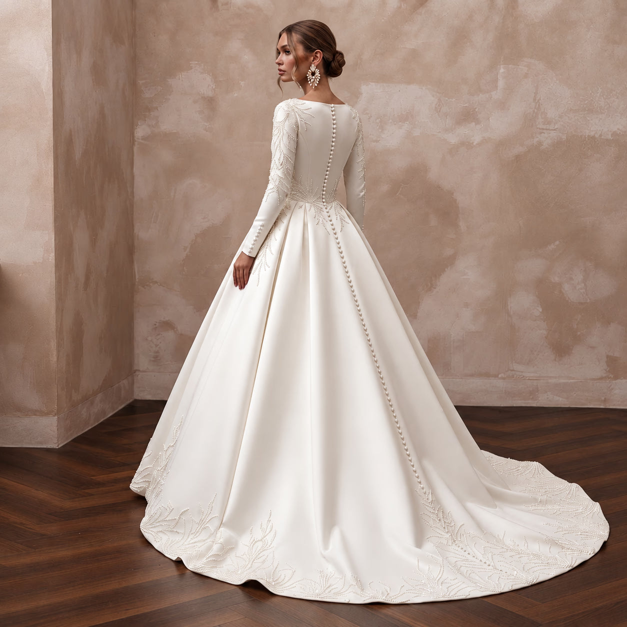 Regal Off-White Satin Long Sleeve Ball Gown Bridal Dress for Anniversary Secondary image
