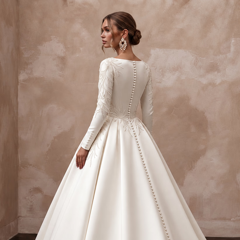 Regal Off-White Satin Long Sleeve Ball Gown Bridal Dress for Anniversary