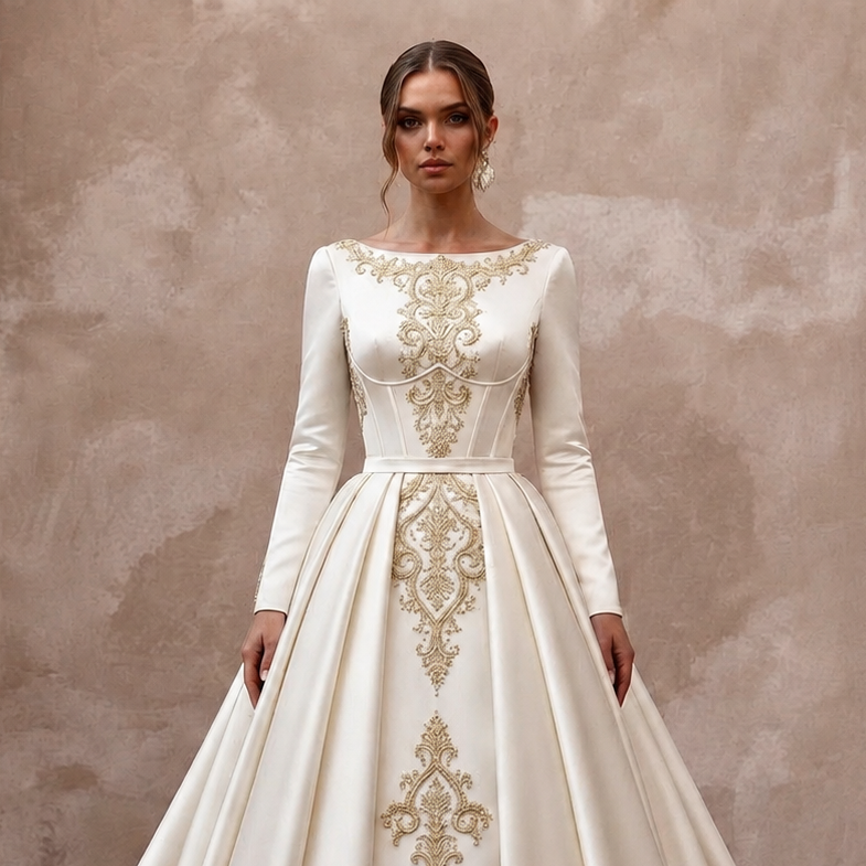Regal Off-White Satin Long Sleeve Ball Gown for Anniversary