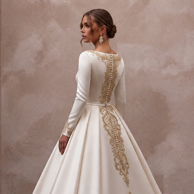 Regal Off - White Satin Long Sleeve Ball Gown for Anniversary - Apparel & Accessories > Clothing > Wedding & Bridal Party Dresses > Wedding Dresses - Mignonette Bridal