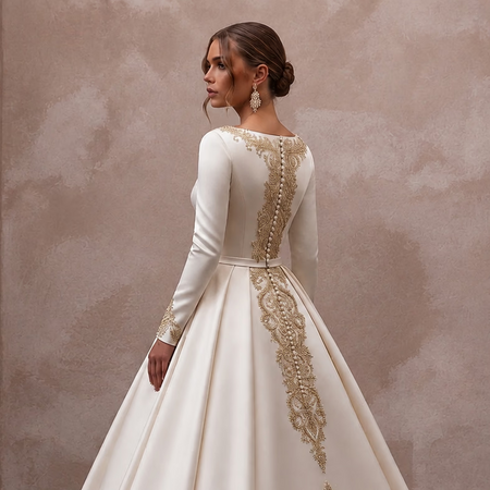 Regal Off - White Satin Long Sleeve Ball Gown for Anniversary - Apparel & Accessories > Clothing > Wedding & Bridal Party Dresses > Wedding Dresses - Mignonette Bridal