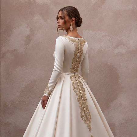 Regal Off-White Satin Long Sleeve Ball Gown for Anniversary
