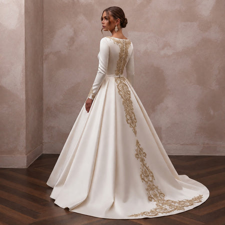 Regal Off - White Satin Long Sleeve Ball Gown for Anniversary - Apparel & Accessories > Clothing > Wedding & Bridal Party Dresses > Wedding Dresses - Mignonette Bridal