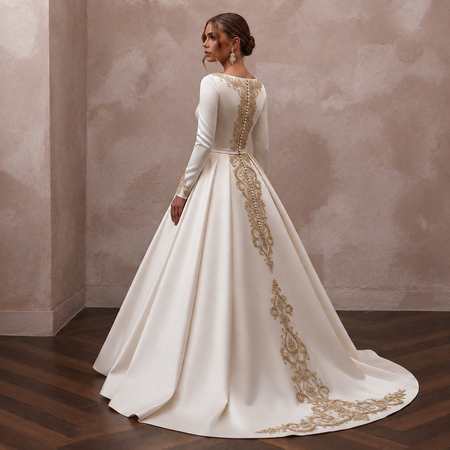 Regal Off-White Satin Long Sleeve Ball Gown for Anniversary
