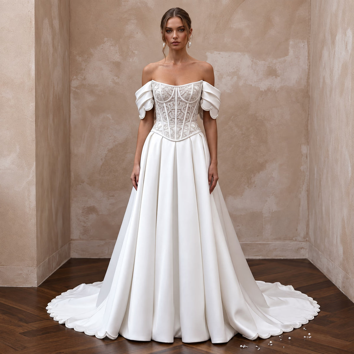 Regal Satin Wedding Dress with Corset Bodice - Apparel & Accessories > Clothing > Wedding & Bridal Party Dresses > Wedding Dresses - Mignonette Bridal Main image