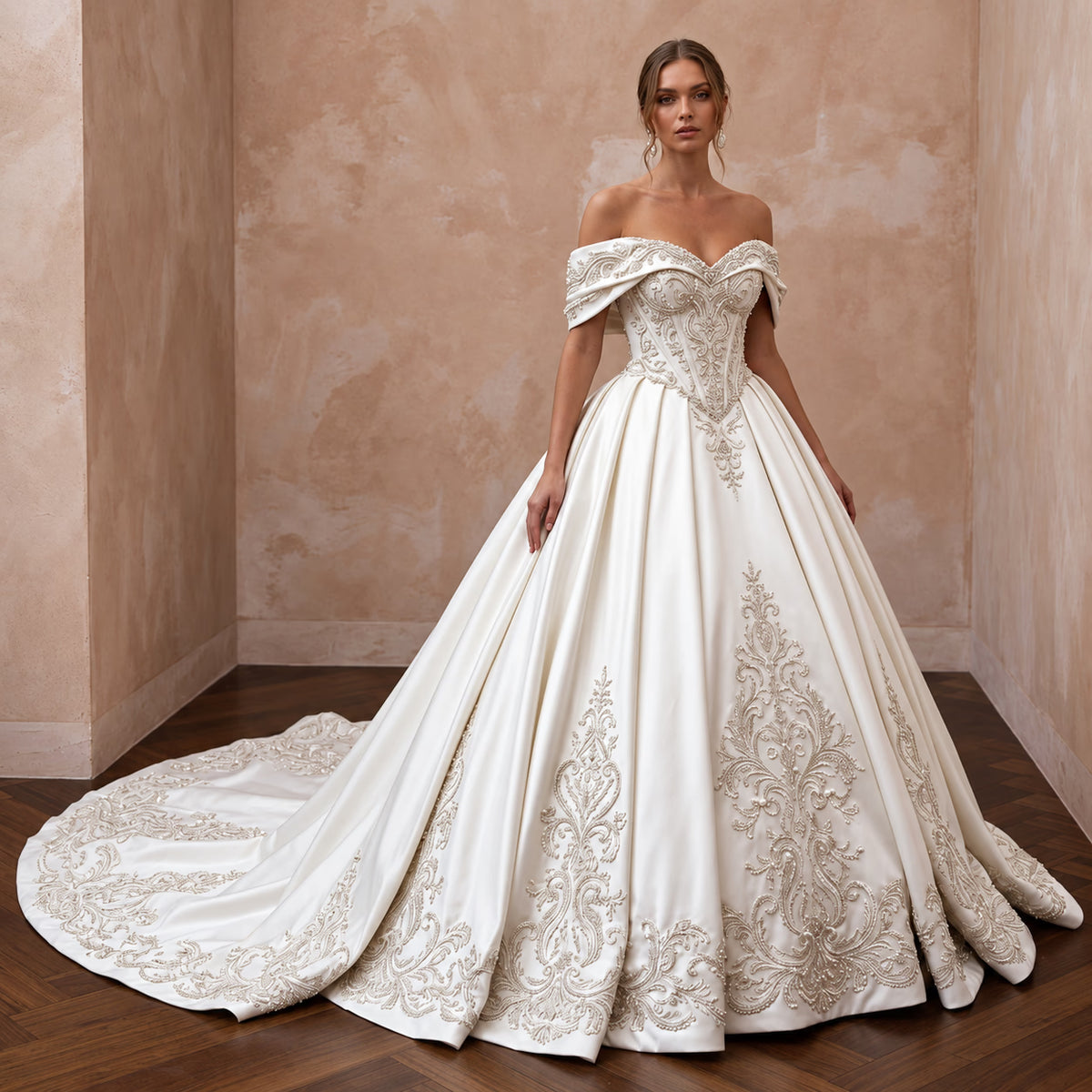 Regal Satin Wedding Gown with Off - the - Shoulder Neckline - Apparel & Accessories > Clothing > Wedding & Bridal Party Dresses > Wedding Dresses - Mignonette Bridal Main image