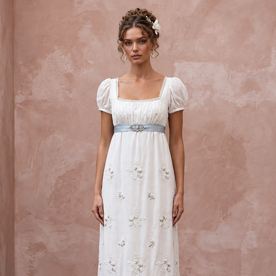 Regency-Era White Muslin Empire Bridal Dress for Garden Party