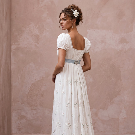 Regency-Era White Muslin Empire Bridal Dress for Garden Party