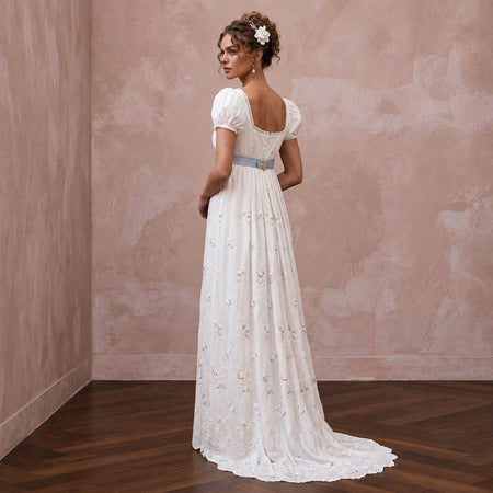 Regency-Era White Muslin Empire Bridal Dress for Garden Party
