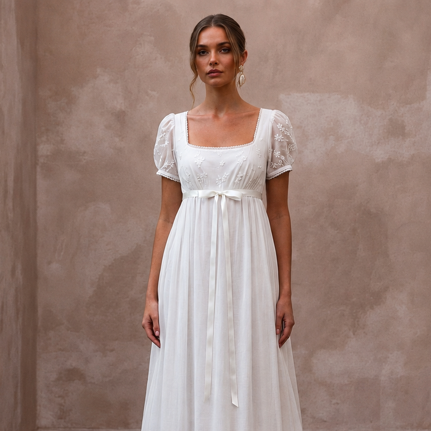Regency-Era White Muslin Empire Dress for Garden Party