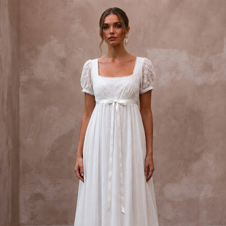 Regency-Era White Muslin Empire Dress for Garden Party
