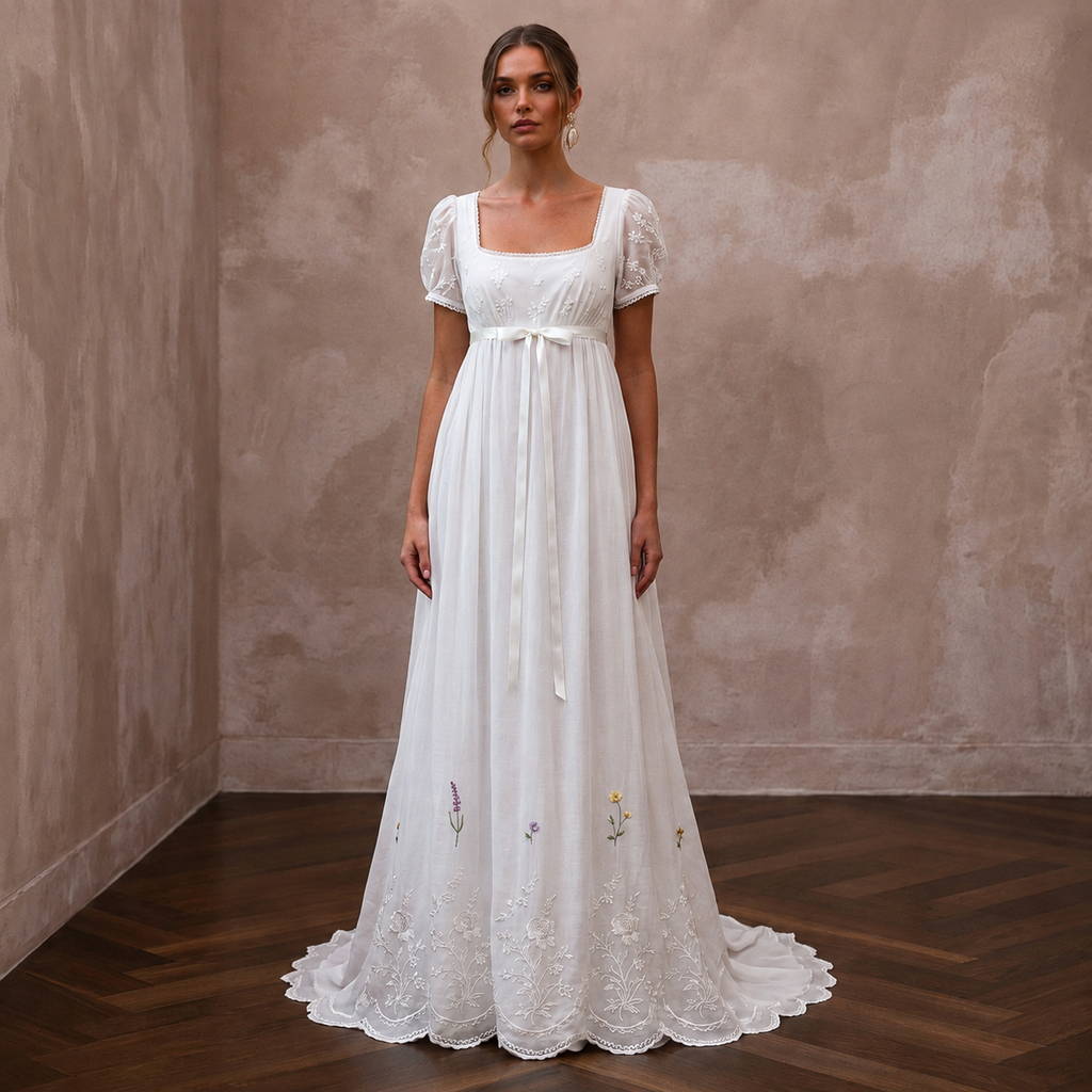 Regency-Era White Muslin Empire Dress for Garden Party