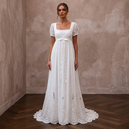 Regency-Era White Muslin Empire Dress for Garden Party