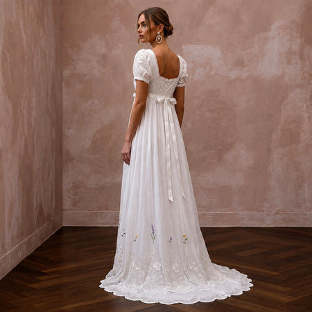 Regency - Era White Muslin Empire Dress for Garden Party - Apparel & Accessories > Clothing > Wedding & Bridal Party Dresses > Wedding Dresses - Mignonette Bridal
