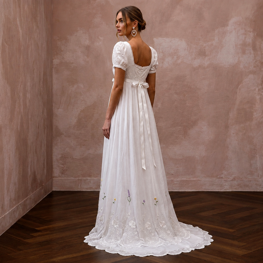 Regency-Era White Muslin Empire Dress for Garden Party