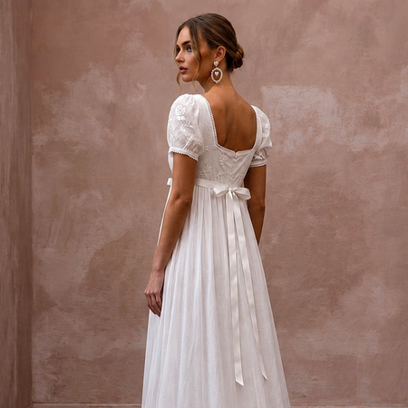 Regency - Era White Muslin Empire Dress for Garden Party - Apparel & Accessories > Clothing > Wedding & Bridal Party Dresses > Wedding Dresses - Mignonette Bridal