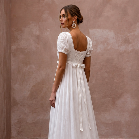 Regency-Era White Muslin Empire Dress for Garden Party
