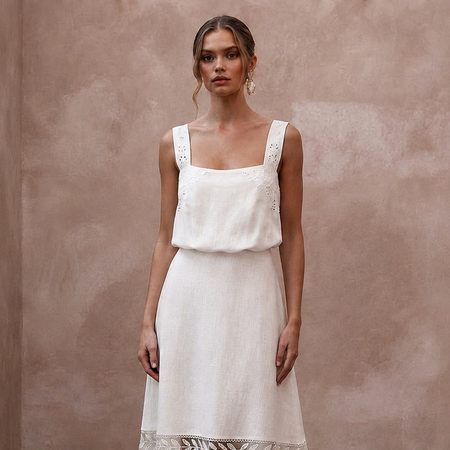 Relaxed Diamond White Linen Blend Dress for Backyard Reception - Apparel & Accessories > Clothing > Wedding & Bridal Party Dresses > Wedding Dresses - Mignonette Bridal