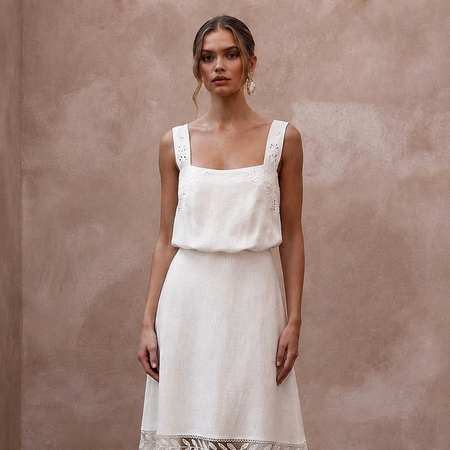 Relaxed Diamond White Linen Blend Dress for Backyard Reception