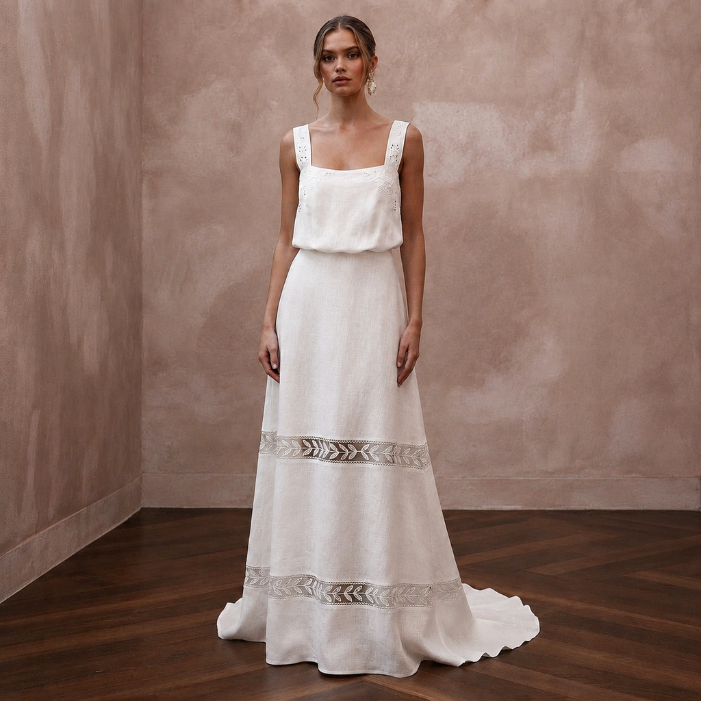 Relaxed Diamond White Linen Blend Dress for Backyard Reception