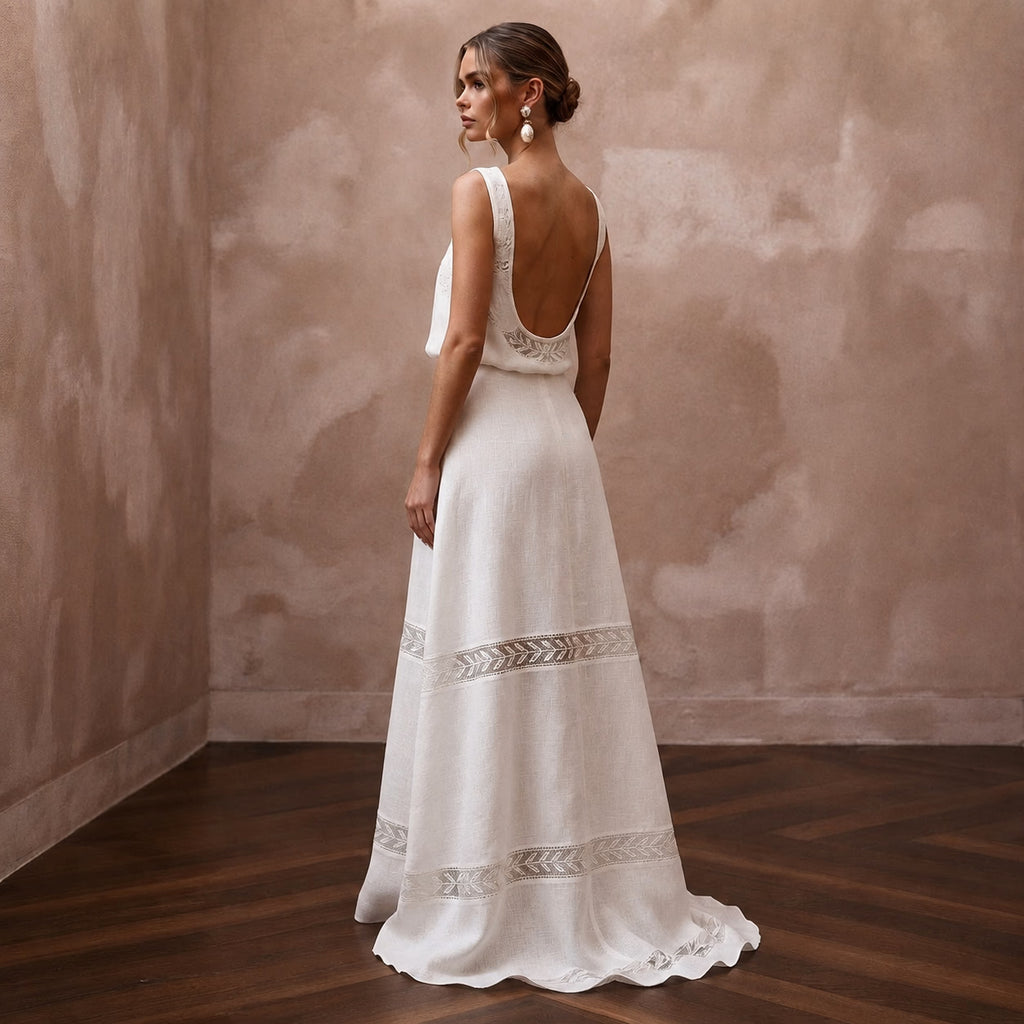Relaxed Diamond White Linen Blend Dress for Backyard Reception - Apparel & Accessories > Clothing > Wedding & Bridal Party Dresses > Wedding Dresses - Mignonette Bridal