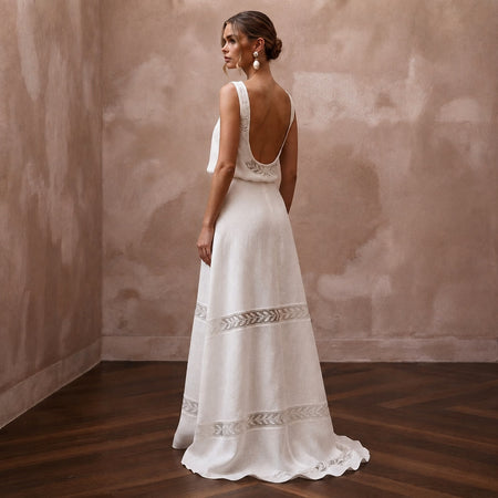 Relaxed Diamond White Linen Blend Dress for Backyard Reception - Apparel & Accessories > Clothing > Wedding & Bridal Party Dresses > Wedding Dresses - Mignonette Bridal