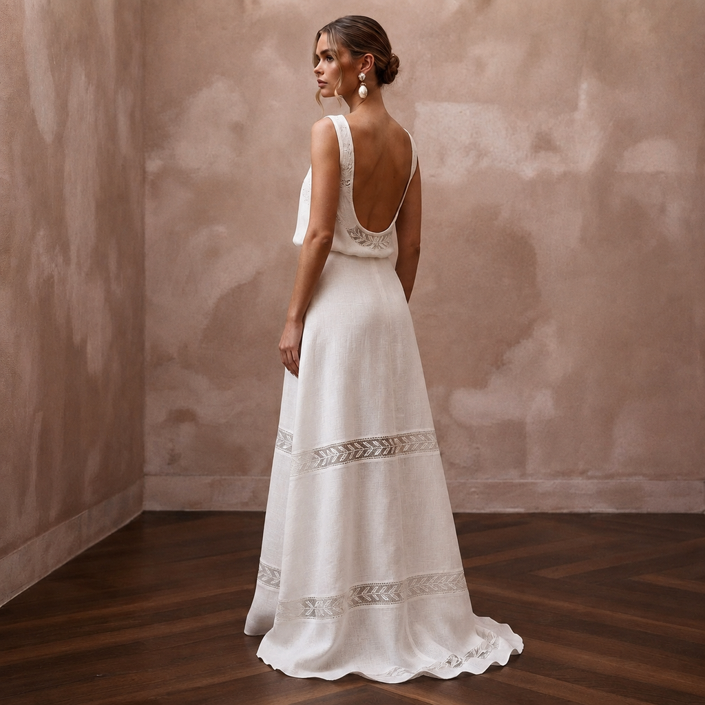 Relaxed Diamond White Linen Blend Dress for Backyard Reception