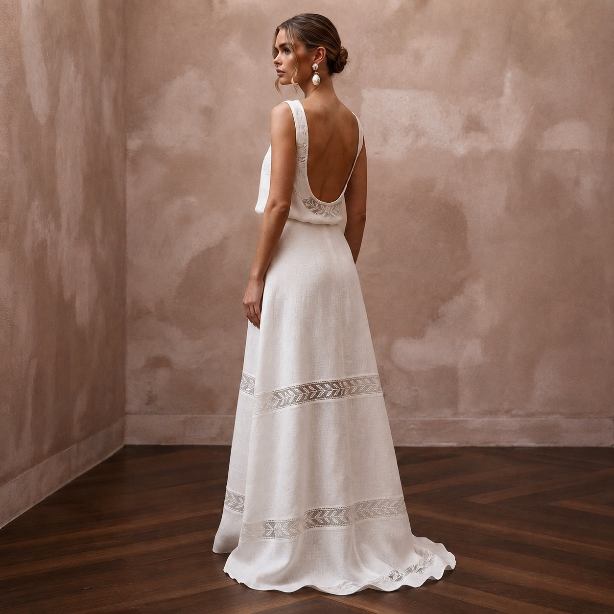Relaxed Diamond White Linen Blend Dress for Backyard Reception