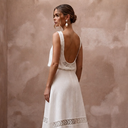 Relaxed Diamond White Linen Blend Dress for Backyard Reception - Apparel & Accessories > Clothing > Wedding & Bridal Party Dresses > Wedding Dresses - Mignonette Bridal