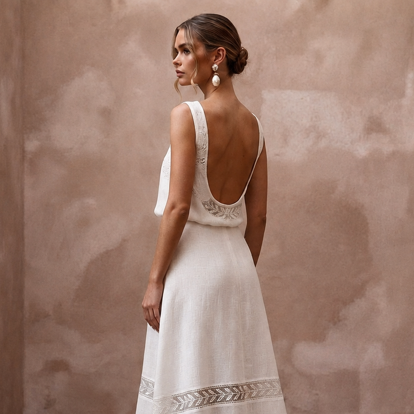 Relaxed Diamond White Linen Blend Dress for Backyard Reception