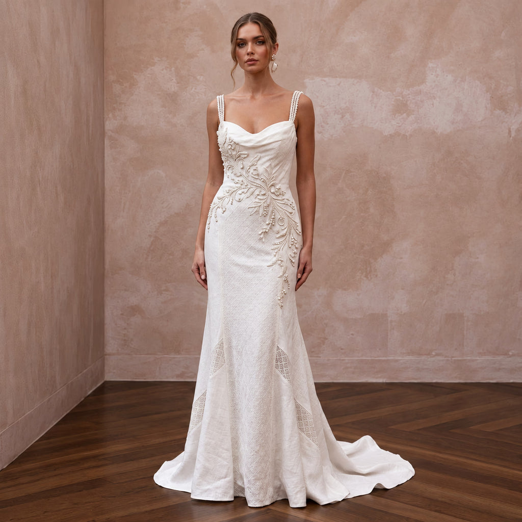 Relaxed Diamond White Linen Blend Wedding Gown for Backyard Reception