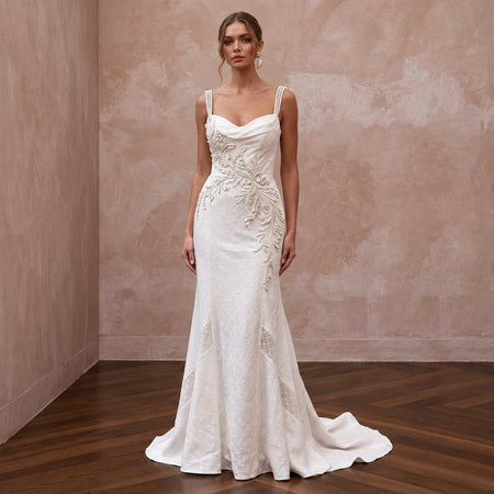 Relaxed Diamond White Linen Blend Wedding Gown for Backyard Reception