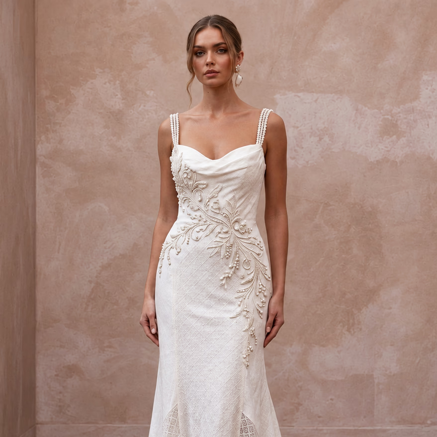 Relaxed Diamond White Linen Blend Wedding Gown for Backyard Reception