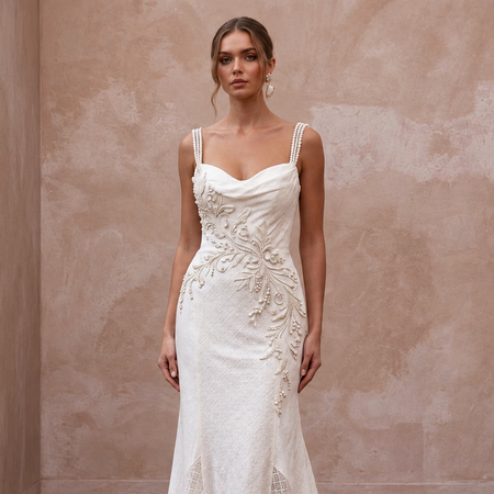 Relaxed Diamond White Linen Blend Wedding Gown for Backyard Reception