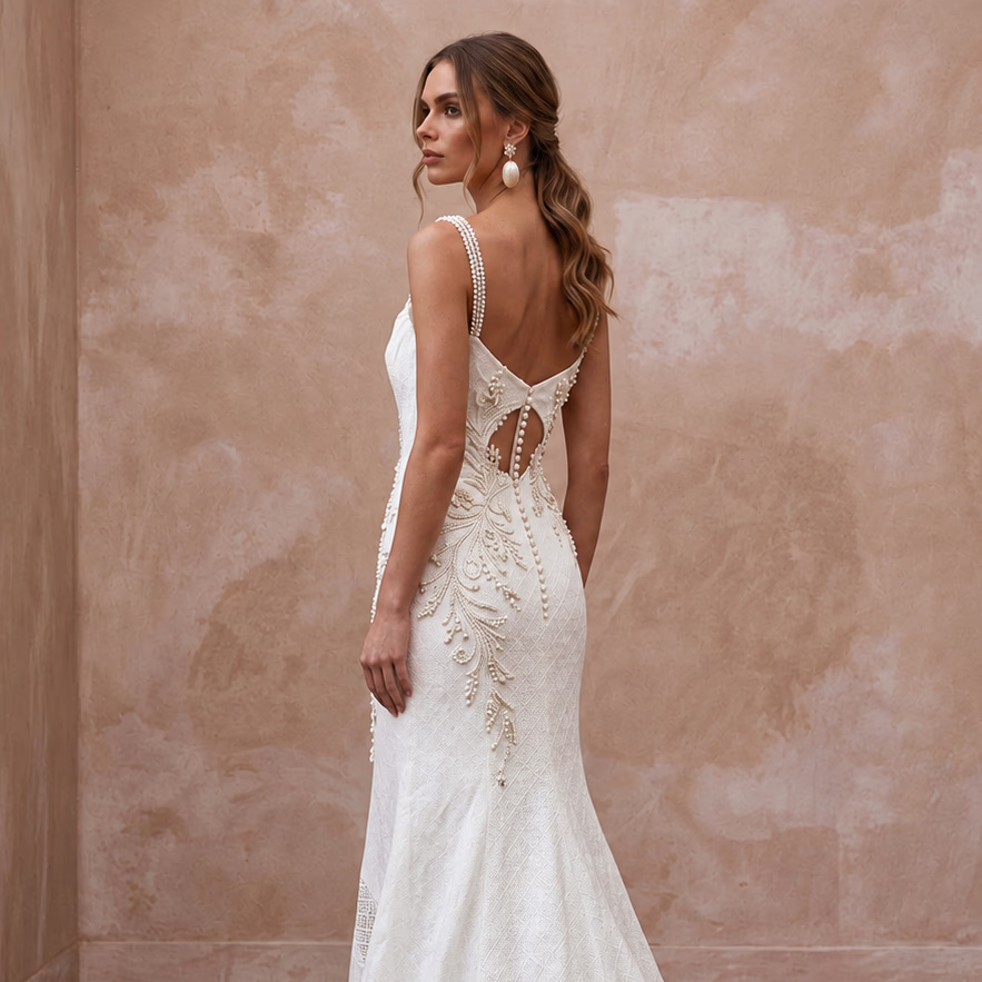 Relaxed Diamond White Linen Blend Wedding Gown for Backyard Reception