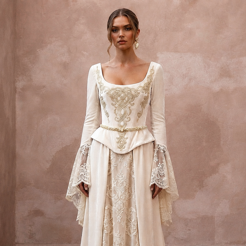 Renaissance-Inspired Ivory Velvet & Lace Gown for Faire Wedding Reception