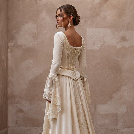 Renaissance-Inspired Ivory Velvet & Lace Gown for Faire Wedding Reception