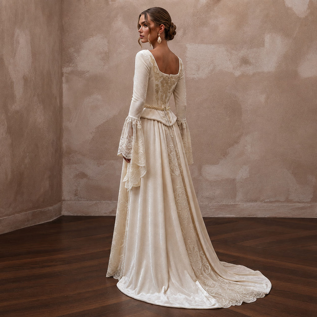 Renaissance - Inspired Ivory Velvet & Lace Gown for Faire Wedding Reception - Apparel & Accessories > Clothing > Wedding & Bridal Party Dresses > Wedding Dresses - Mignonette Bridal