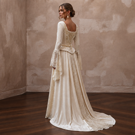 Renaissance-Inspired Ivory Velvet & Lace Gown for Faire Wedding Reception