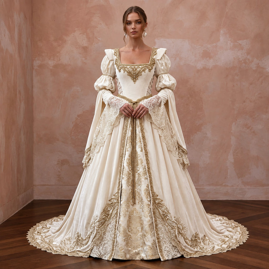 Renaissance-Inspired Ivory Velvet & Lace Wedding Gown for Faire Wedding Reception