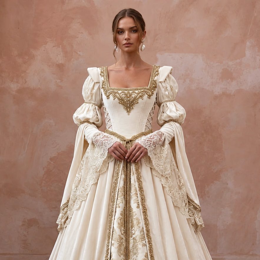Renaissance-Inspired Ivory Velvet & Lace Wedding Gown for Faire Wedding Reception